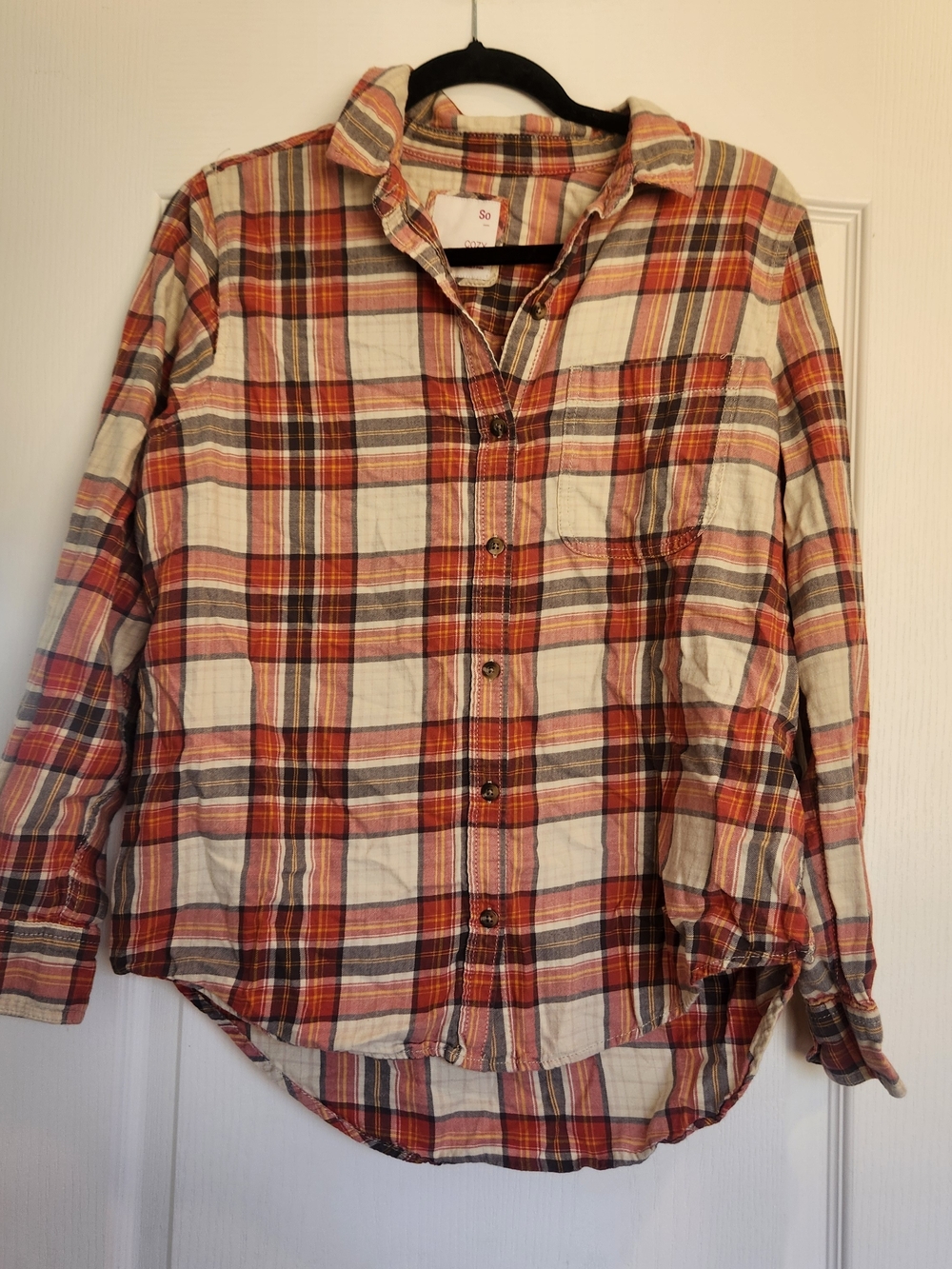 SO Plaid Button-Down Shirt in Ivory and Rust Orange L Euc